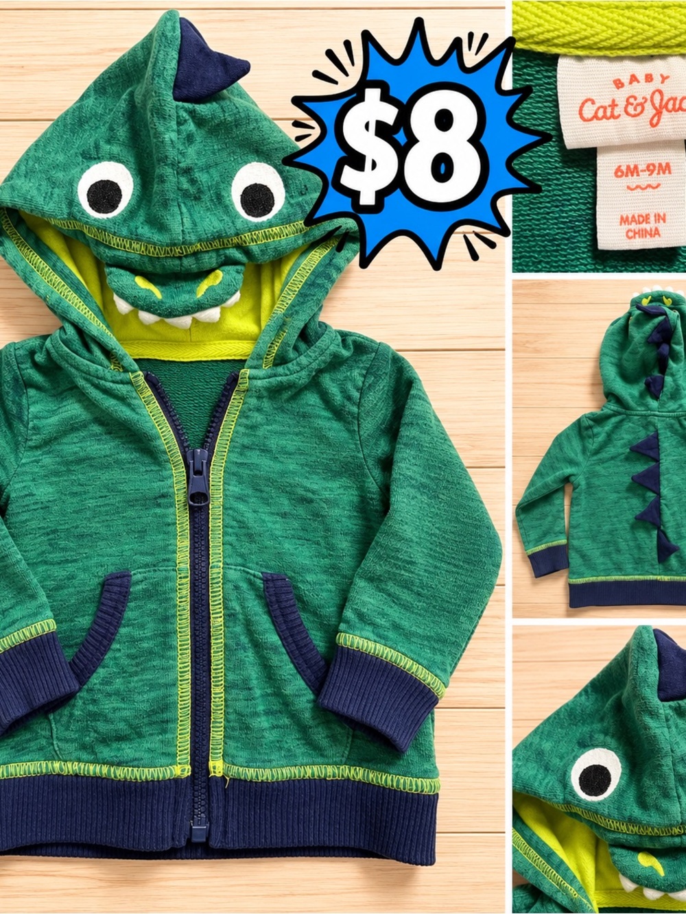 Cat & Jack Green Dinosaur Hooded Zip-Up Sweatshirt
